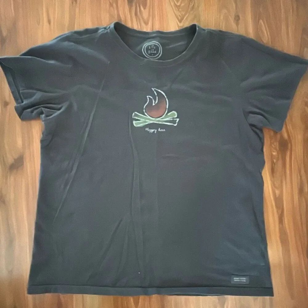 Life is good happy hour campfire camping theme T-shirt, size XL black